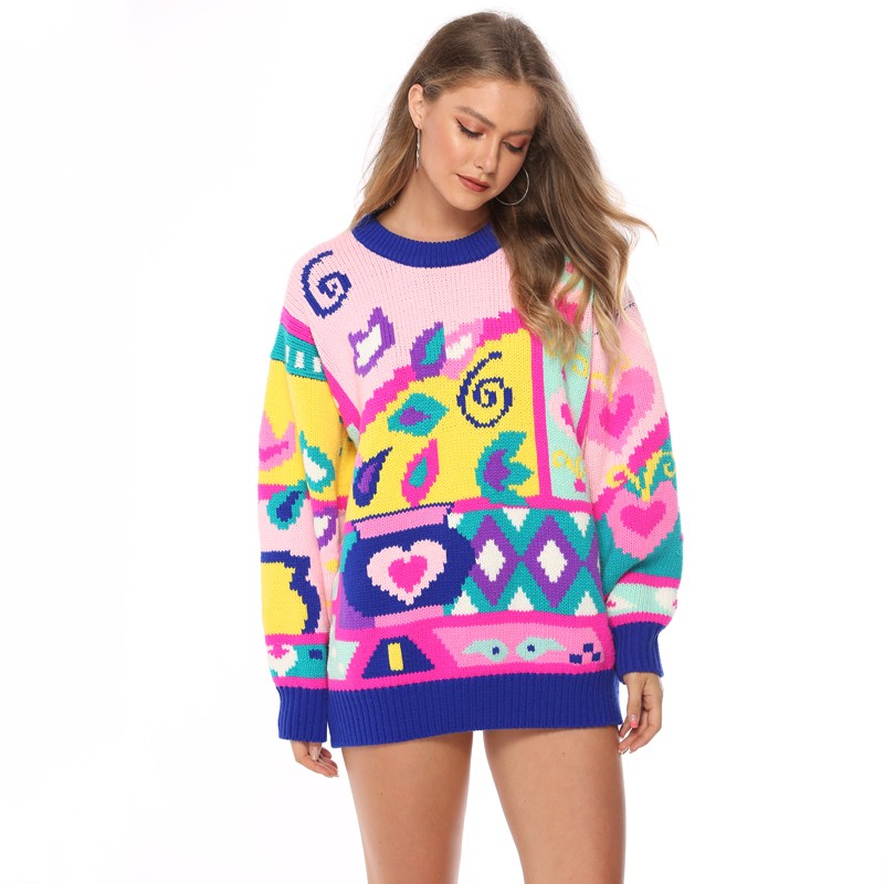 Colorful cartoon jacquard loose casual cute turtleneck sweater