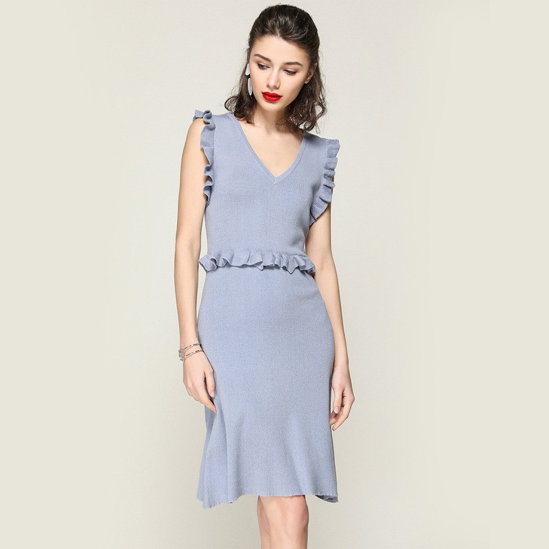 Autumn sleeveless lace slim knit dress