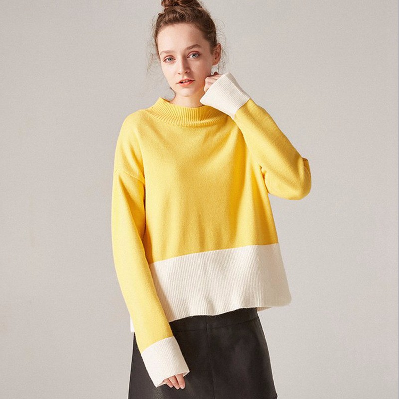 fashion trumpet sleeve collared color wool knit pullover