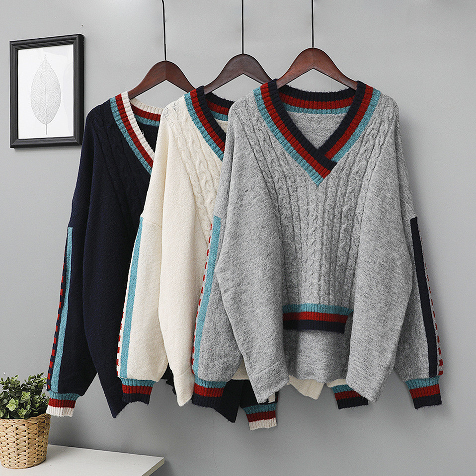 Autumn and winter Korea thick patchwork color base sweater chic stripe