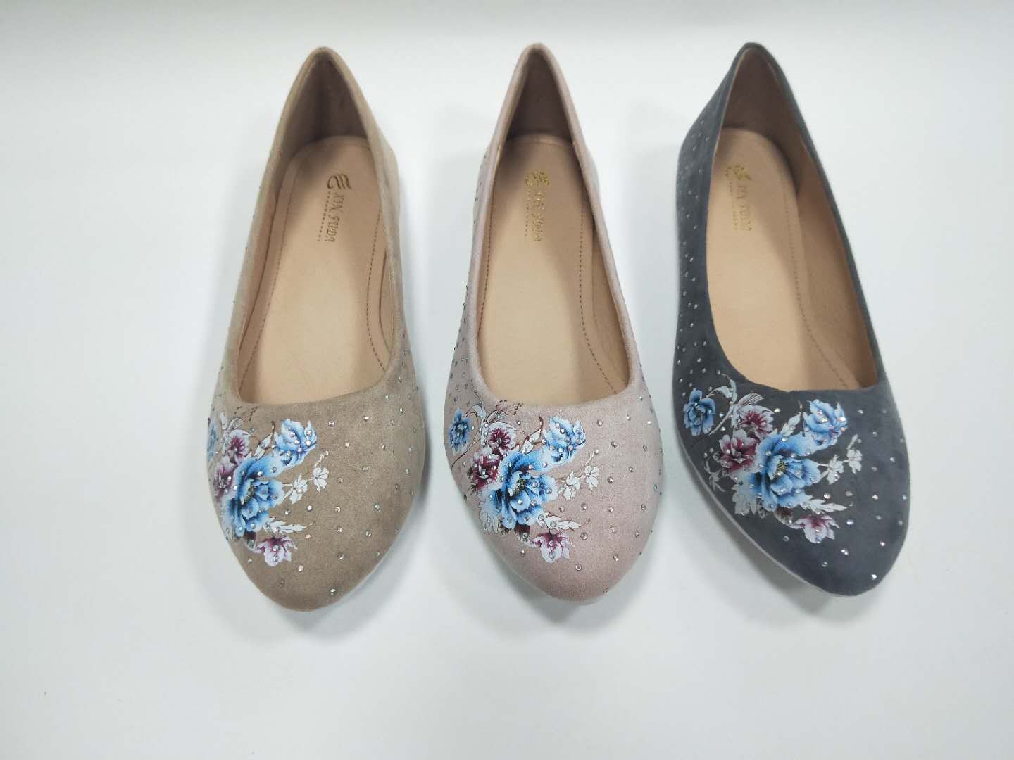 Women's single shoes, flat shoes, suede print with Rhinestones