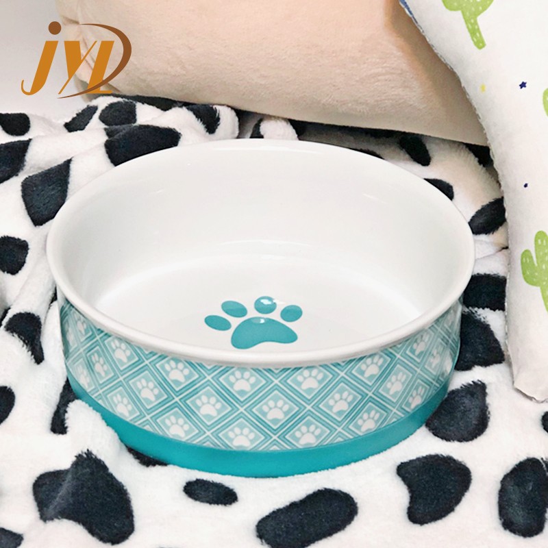 Non-Slip Round Color Paw Printing Porcelain Dog Pet Water Feeder Bowl