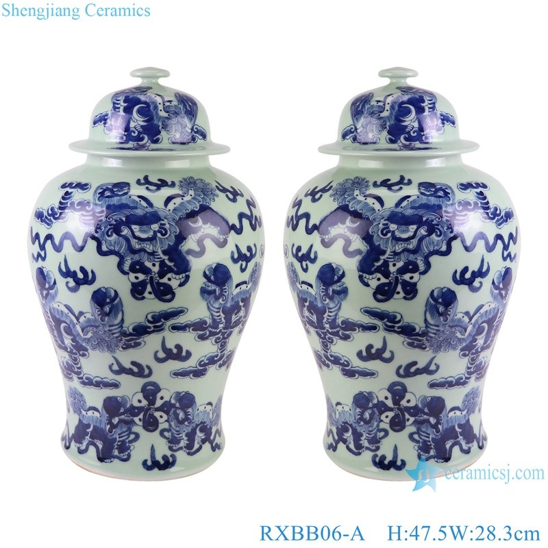 Jingdezhen Blue and White Porcelain Animal Lion Lidded Temple Jars 