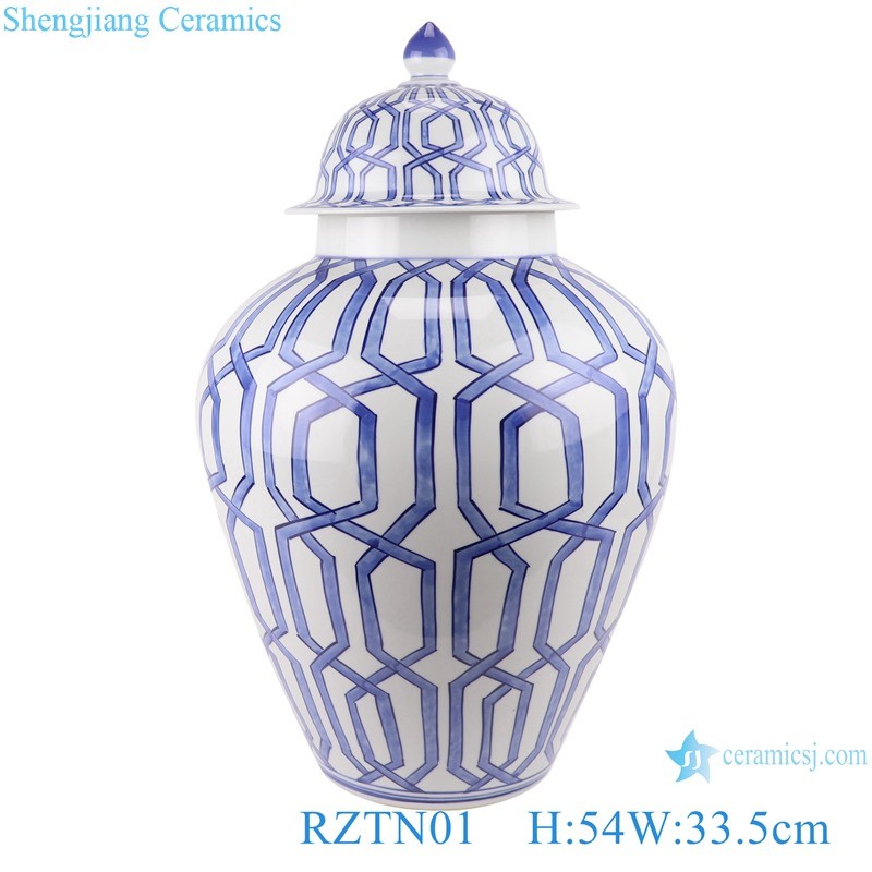 hand painted blue and white geometric pattern porcelain ginger jar