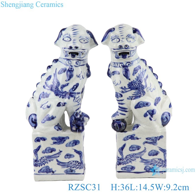 antique blue and white crane pattern porcelain foo dog