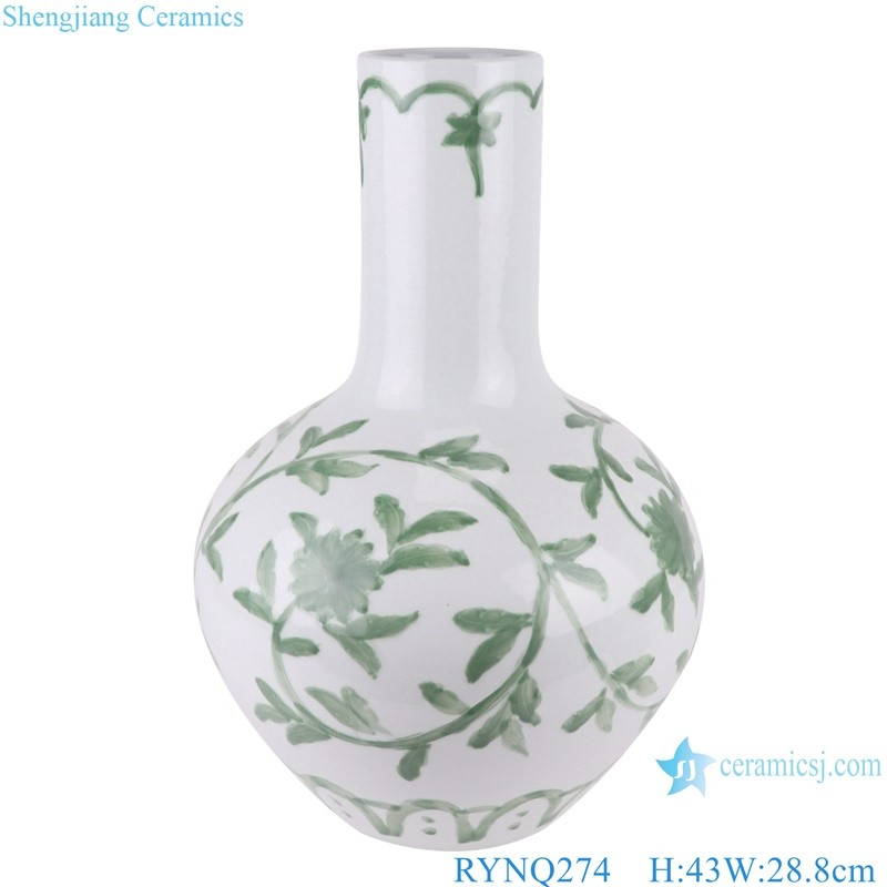 Green Twisted Flower Pattern White Ceramic Decorative Globular Vase