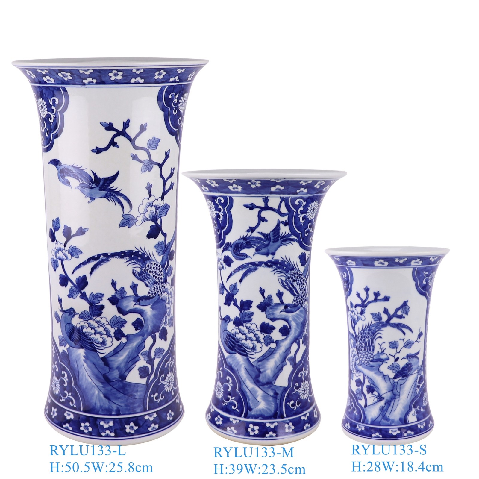 Blue and White Porcelain flower and bird Wide Mouth Tabletop Vase