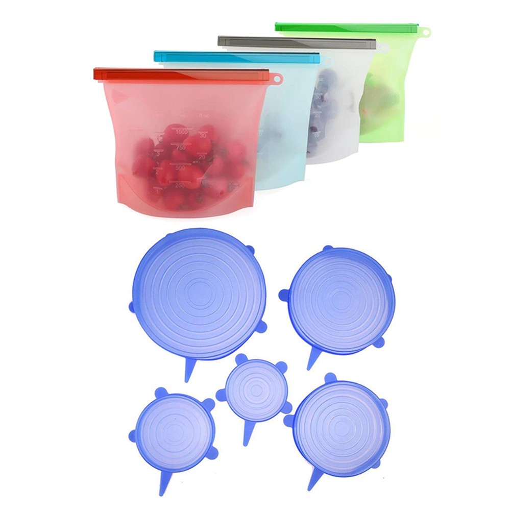 10 Pcs silicone food storage zip stand up snack fruit bag set 